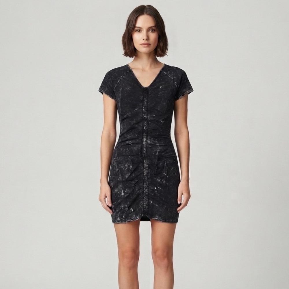 Women Black Acid Wash Ruched V-Neck Mini Dress Small Rayon